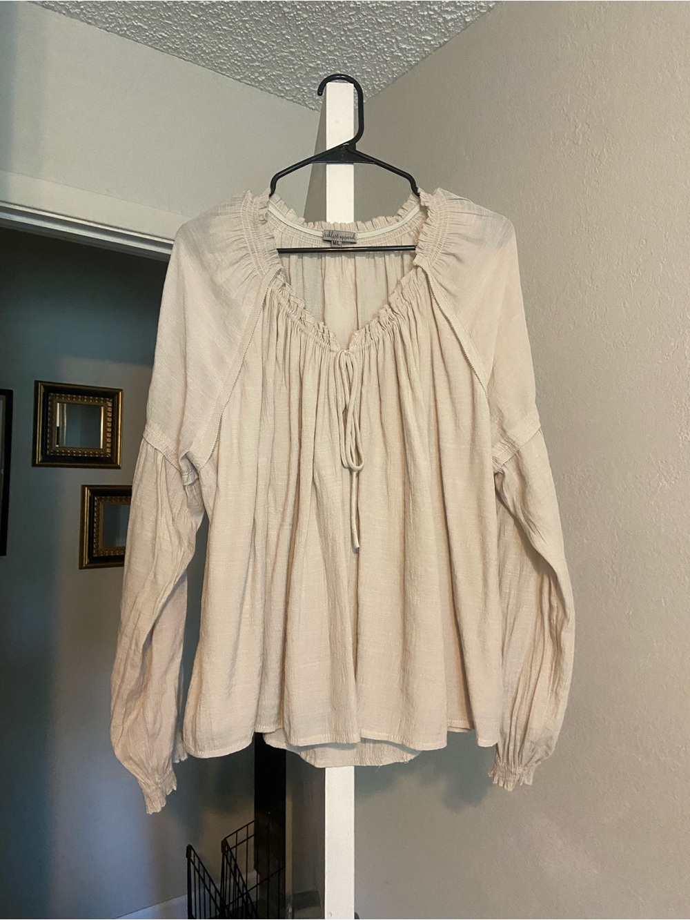 Women's Cream Peasant Blouse with Tie Neck